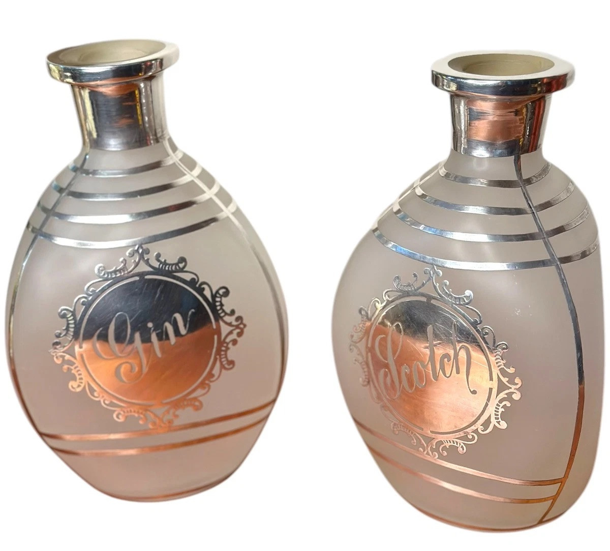 Art Deco Decanters Sterling Silver Overlay Gin Scotch Pair Pinch Bottle Barware