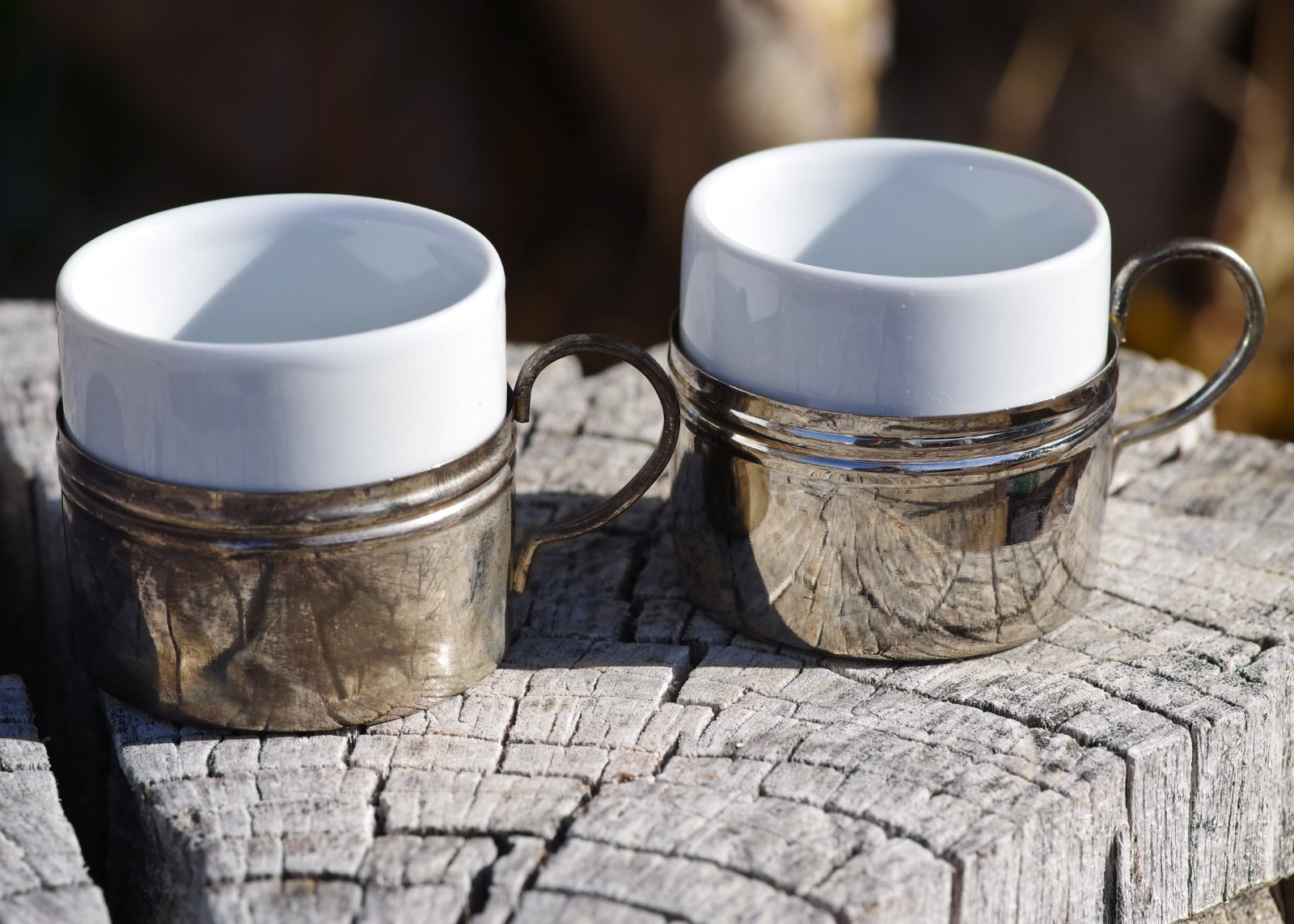 Antique Silverplate Porcelain Demitasse Cup Espresso Set of 2 RARE FIND!