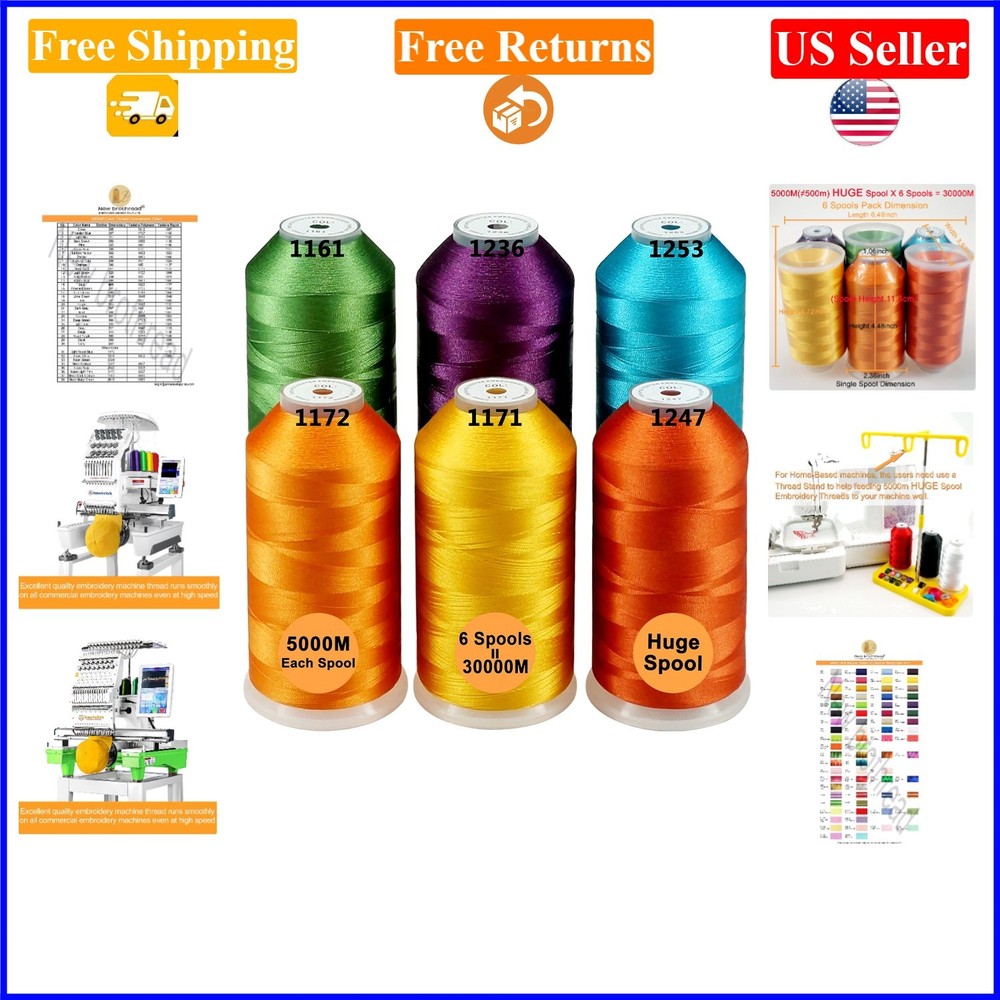 6x Fruit & Garden Colors Polyester Embroidery Thread Spools 5000M each
