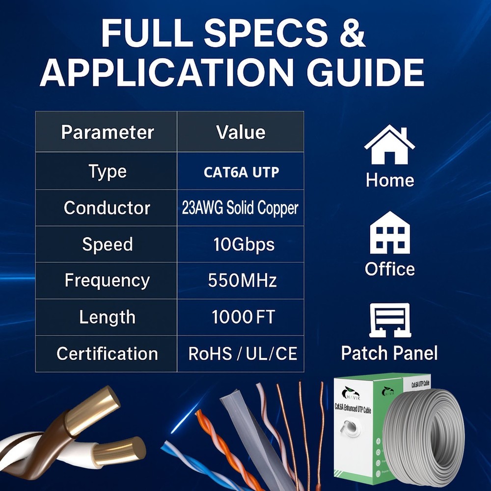 CAT6a Cable 1000FT UTP Solid Network Ethernet CAT6a Bulk Wire RJ45 Lan
