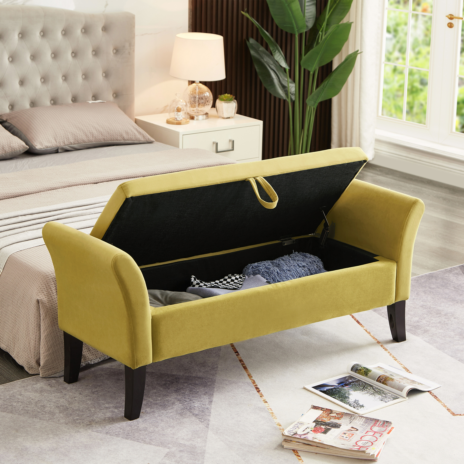 52" Storage Bench Upholstered Ottoman Bench with Arms Velvet Button-Tufted Bench