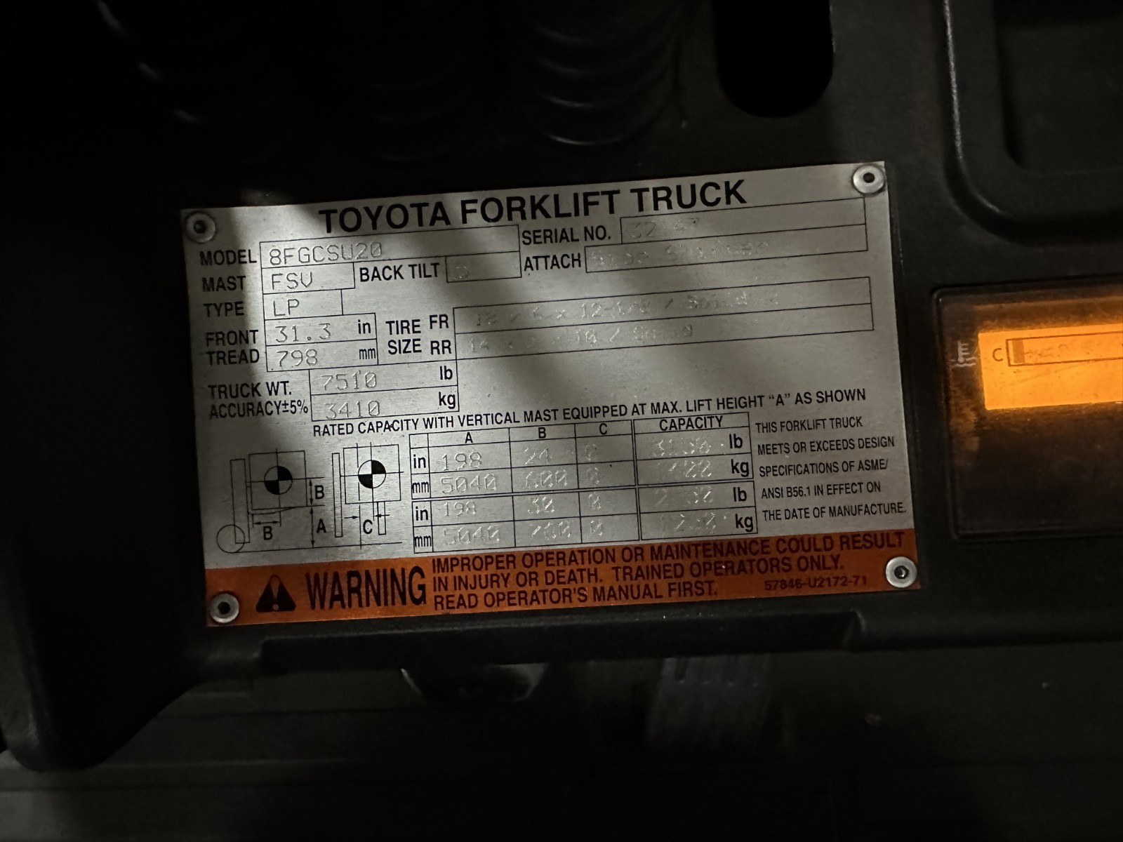 4000 lb. Toyota 8FGCSU20 Forklift 6300hr 3 Stages