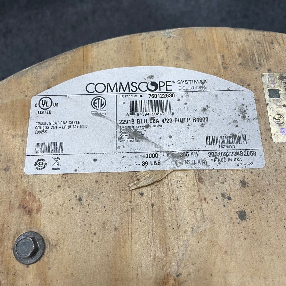 COMMSCOPE Communications Cable Category 6A Plenum, 4 Pair, 1000 ft, 760122630*