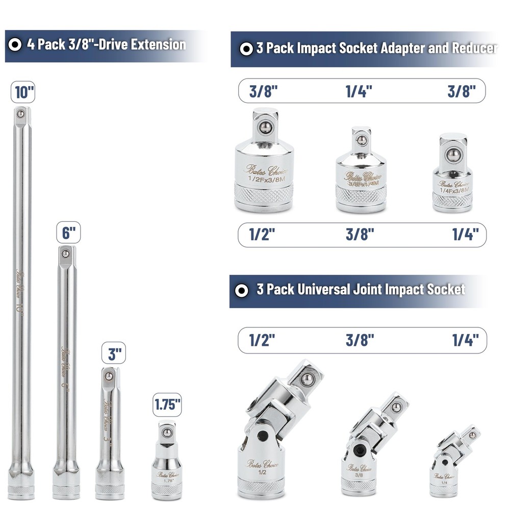 Bates 10pc Socket Accessory Set 1/4 3/8 1/2" Drive Extensions Adapters Silver