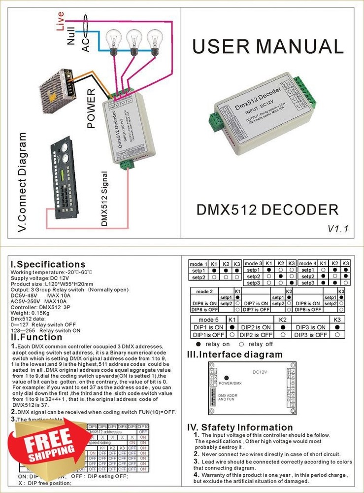 3 Channel 5A DMX512 Decoder Controller Relay Switch Dimmer Kit