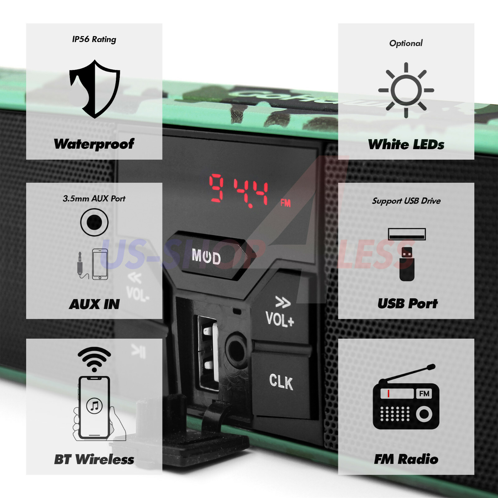 Waterproof Bluetooth Motorcycle Stereo Speakers Soundbar Audio System USB ATV