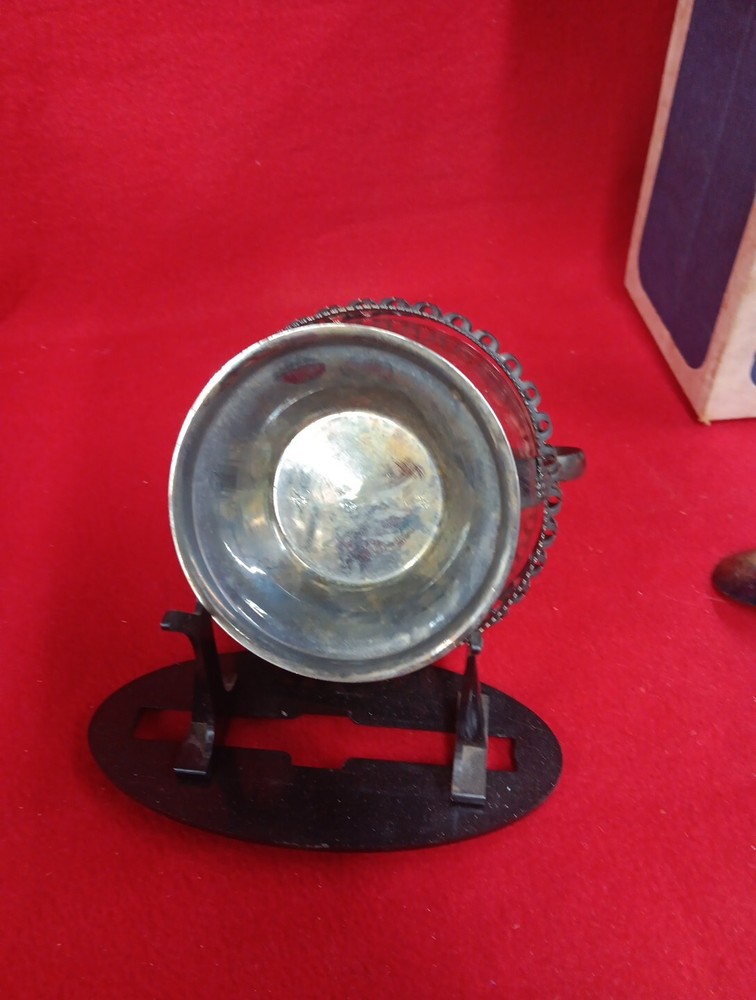 Sheffield England Glass & Silver Plate Sugar Bowl W/Suspended Spoon Original Box