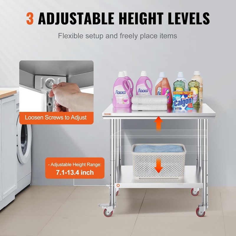 Heavy Duty Stainless Steel Prep Table W/ Adjustable Undershelf & Rolling Wheels
