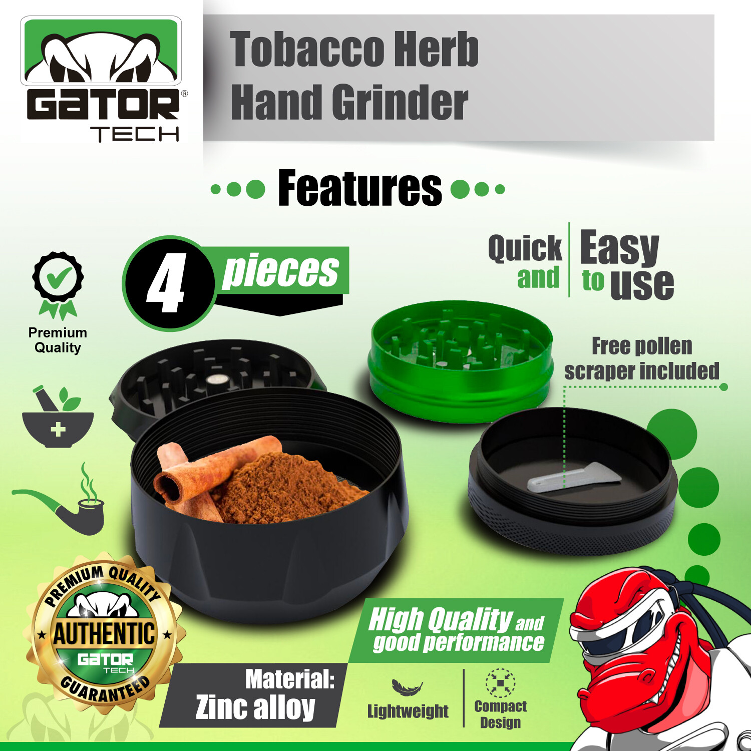 Tobacco Herb Spice Grinder Crusher Smoke 2.0" inch 4-Piece Metal Magnetic Lid