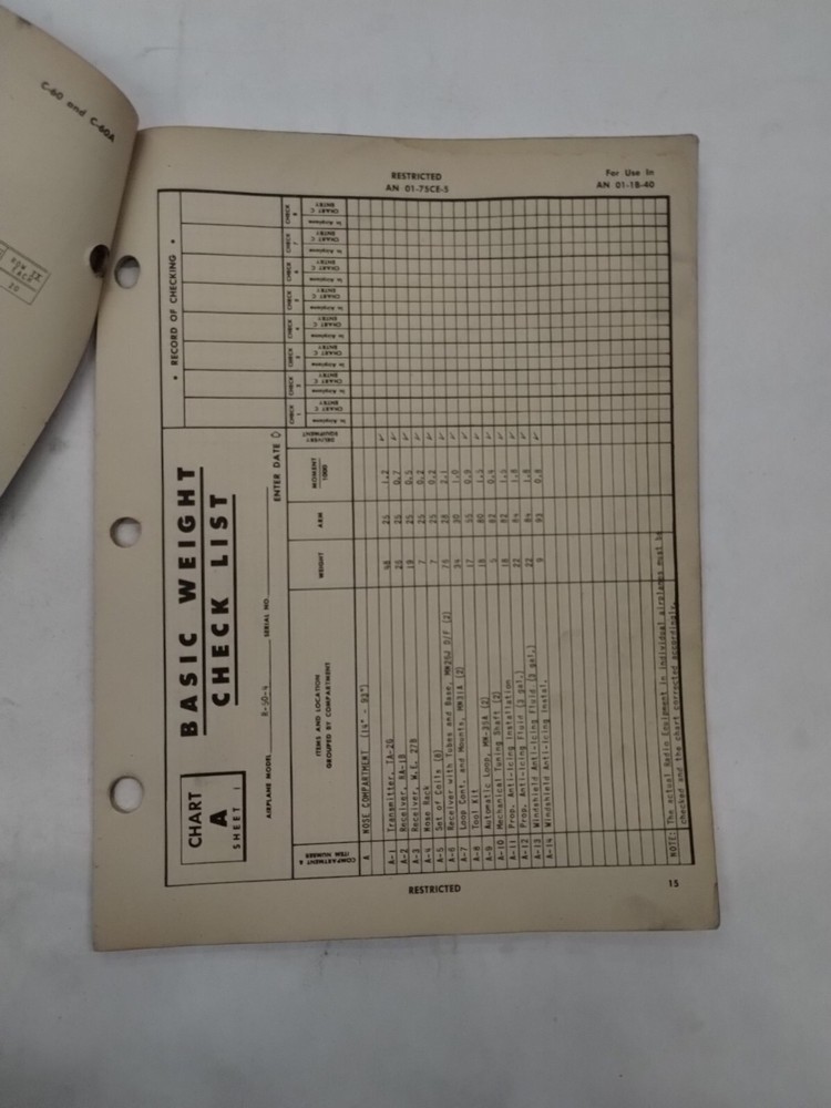 Lockheed C-60/C-60A/R50-4/5/6/ Lodestar II Basic Weight Checklist Loading Data