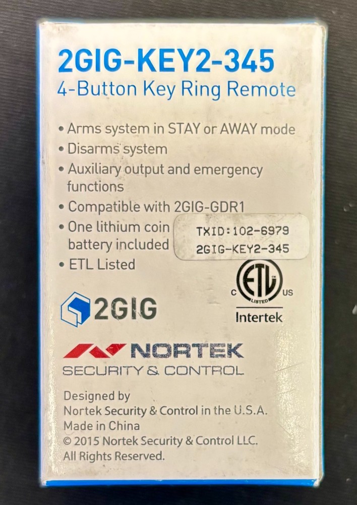 2GIG Encrypted Home Security 4‐Button Remote Keyfob 2GIG-KEY2-345
