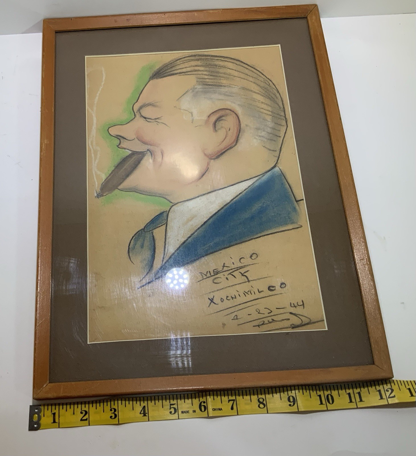 Vintage Mexico City Caricature Man With Cigar Xochimilco 1944 Rare Signed Art