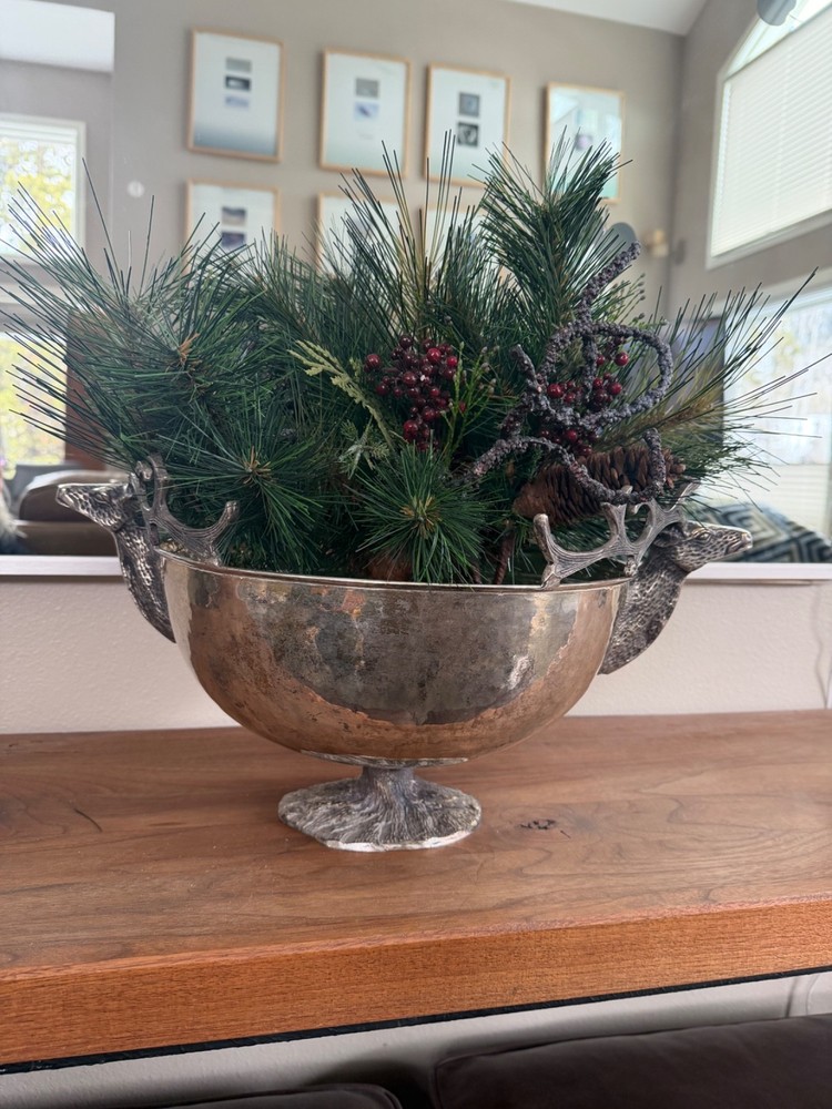 LARGE HAMMERED SILVER PLATE BOWL 18", DOUBLE DEER/STAG HEAD HANDLE CENTER PIECE