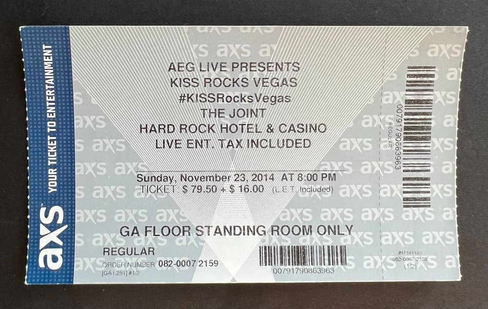2014 Kiss Concert Ticket Stub 11/23/14 The Joint, Hard Rock Hotel, Las Vegas NV.