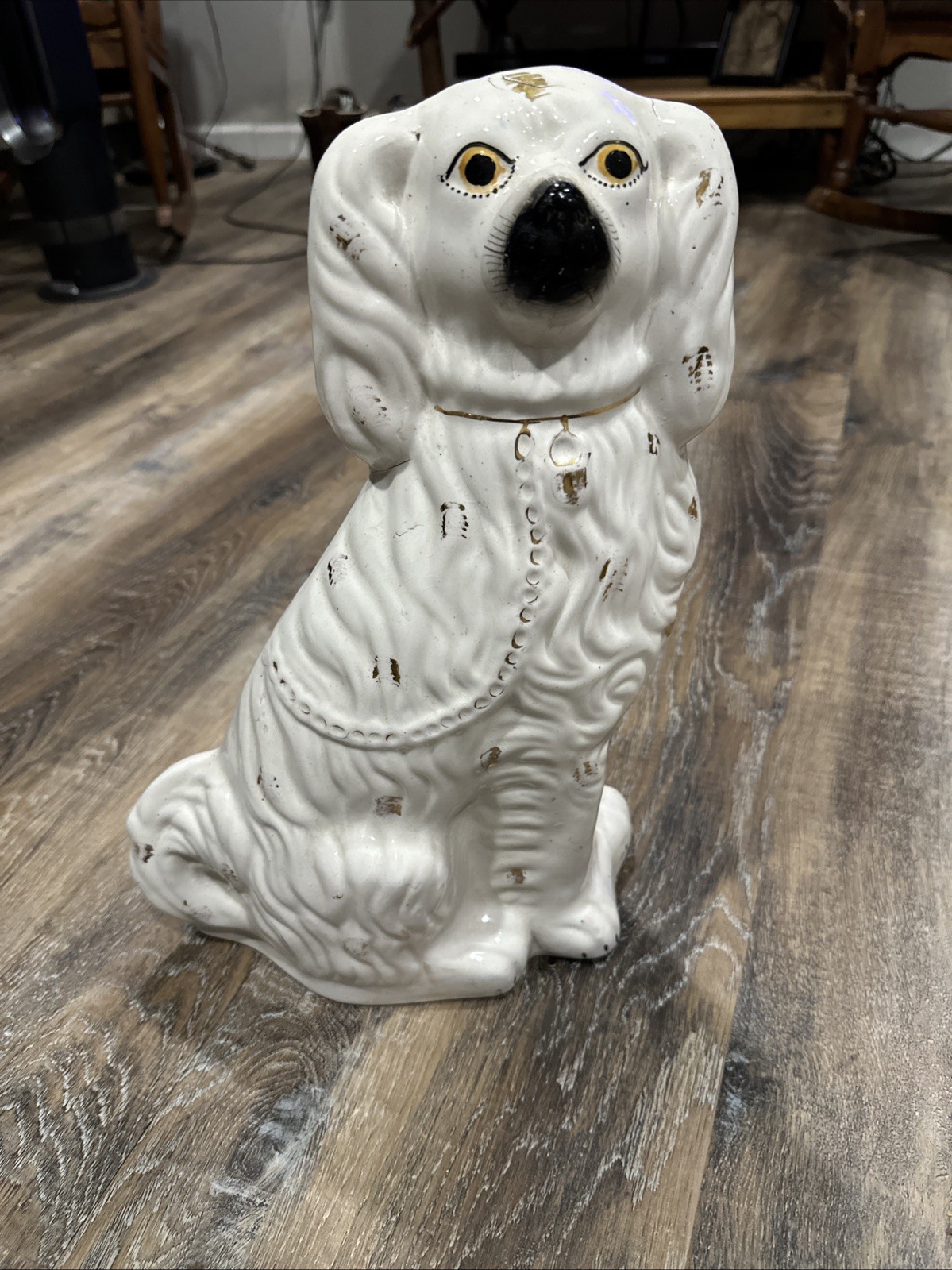 19thC STAFFORDSHIRE WHITE & GILT SEATED SPANIEL DOG Large 15 Inches Tall Rare