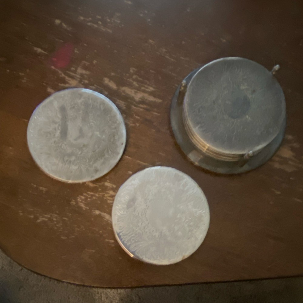 Silverplate Ornate Decor Pattern Coaster Set with Holder Decorative Tableware