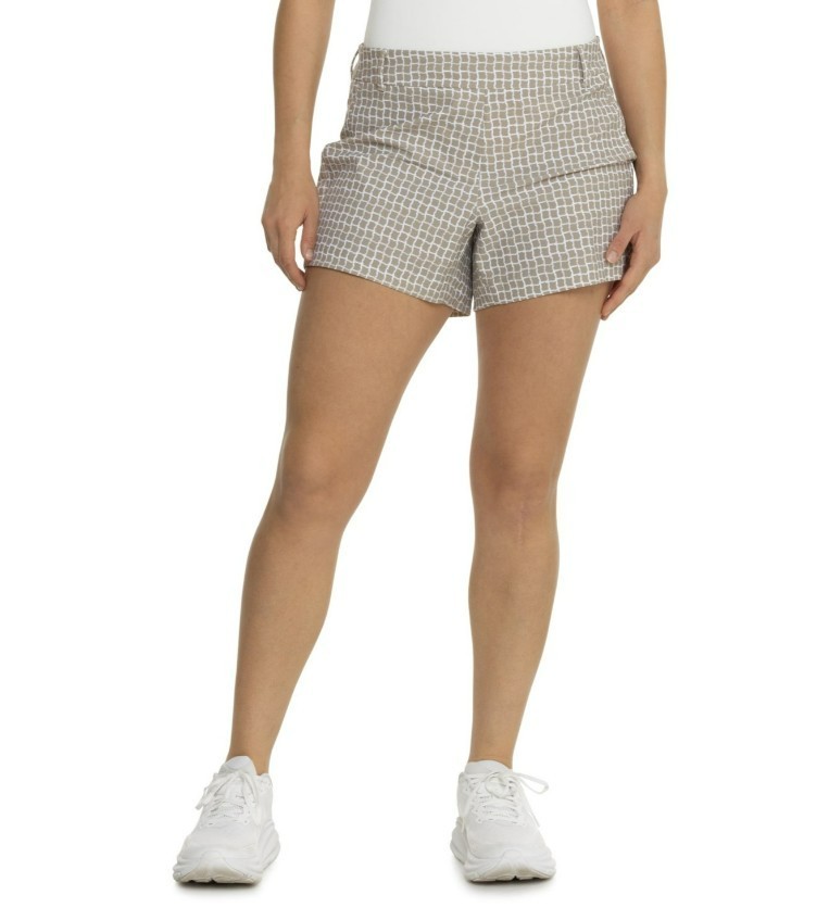 SPANX  Tan Check 4" SUNSHINE Pull On 4Way Stretch Pocket SHORTS Womens Large