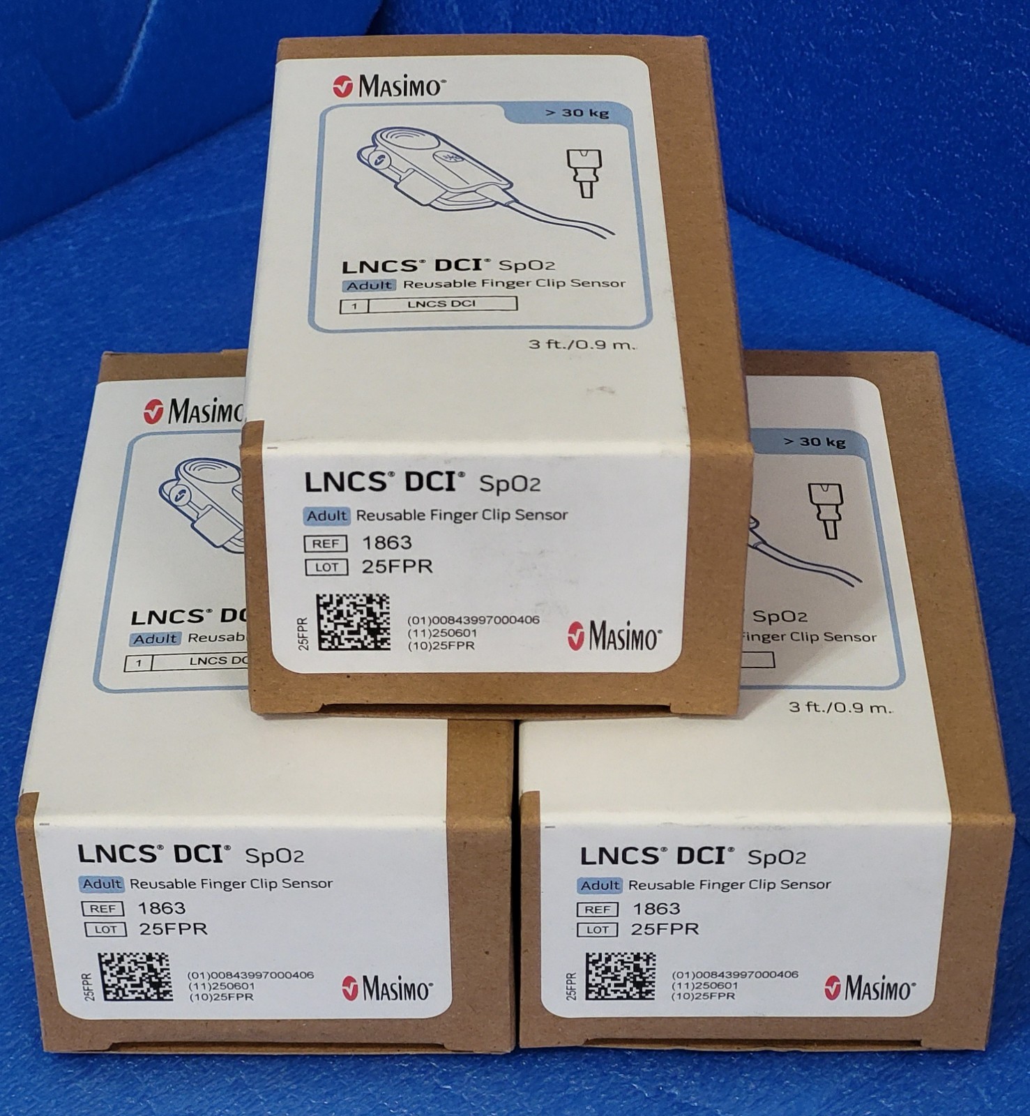 LOT of 3 Masimo LNCS DCI Adult Reusable SpO2 Sensor - REF 1863 NEW