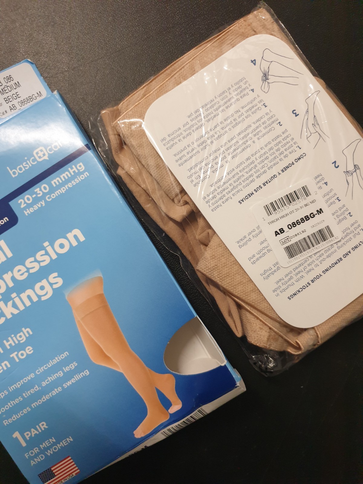 Amazon Basic Care Compression Stockings Unisex M Beige Thigh High 20-30 mmHg