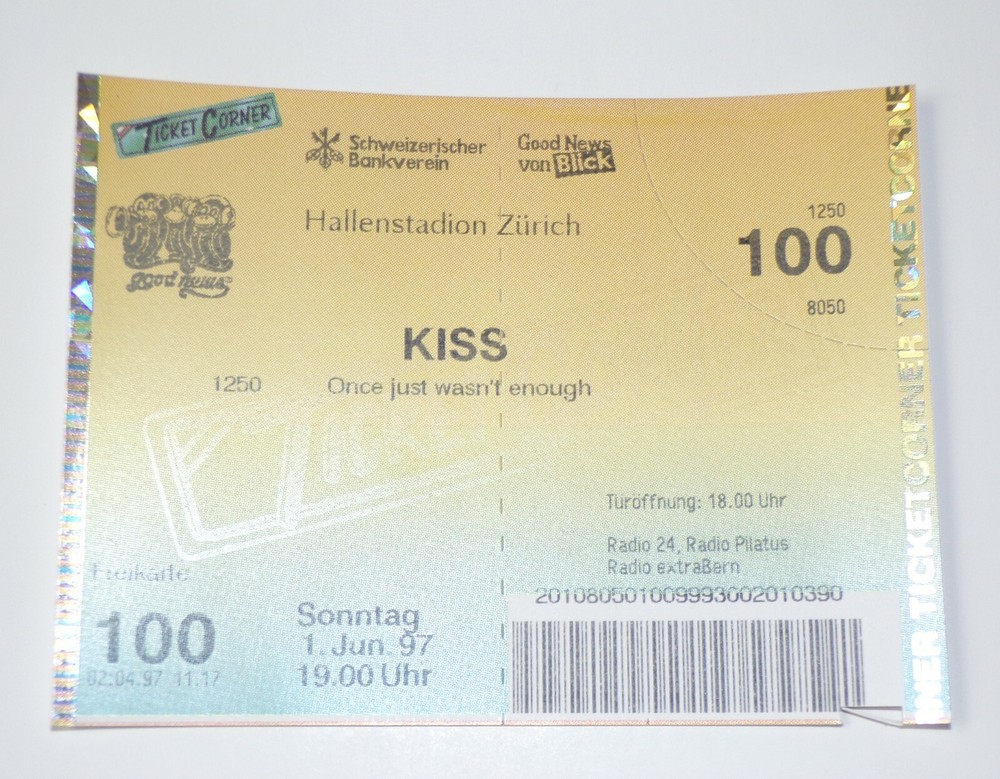 KISS Full Ticket Stub 1997 Reunion Concert Tour Zurich Switzerland Vintage Kiss