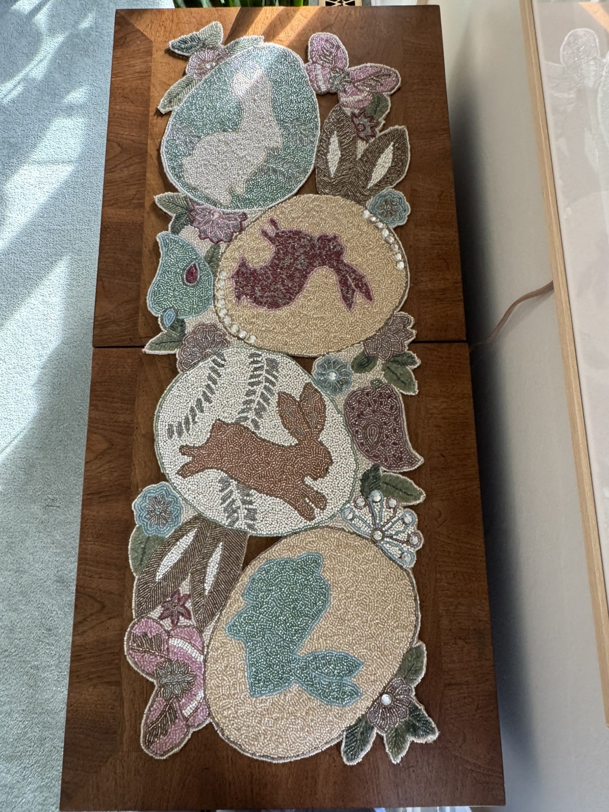 90s Pier 1 Imports Easter Egg & Bunny Rabbit Glass Beaded Table Runner 13” X 35”