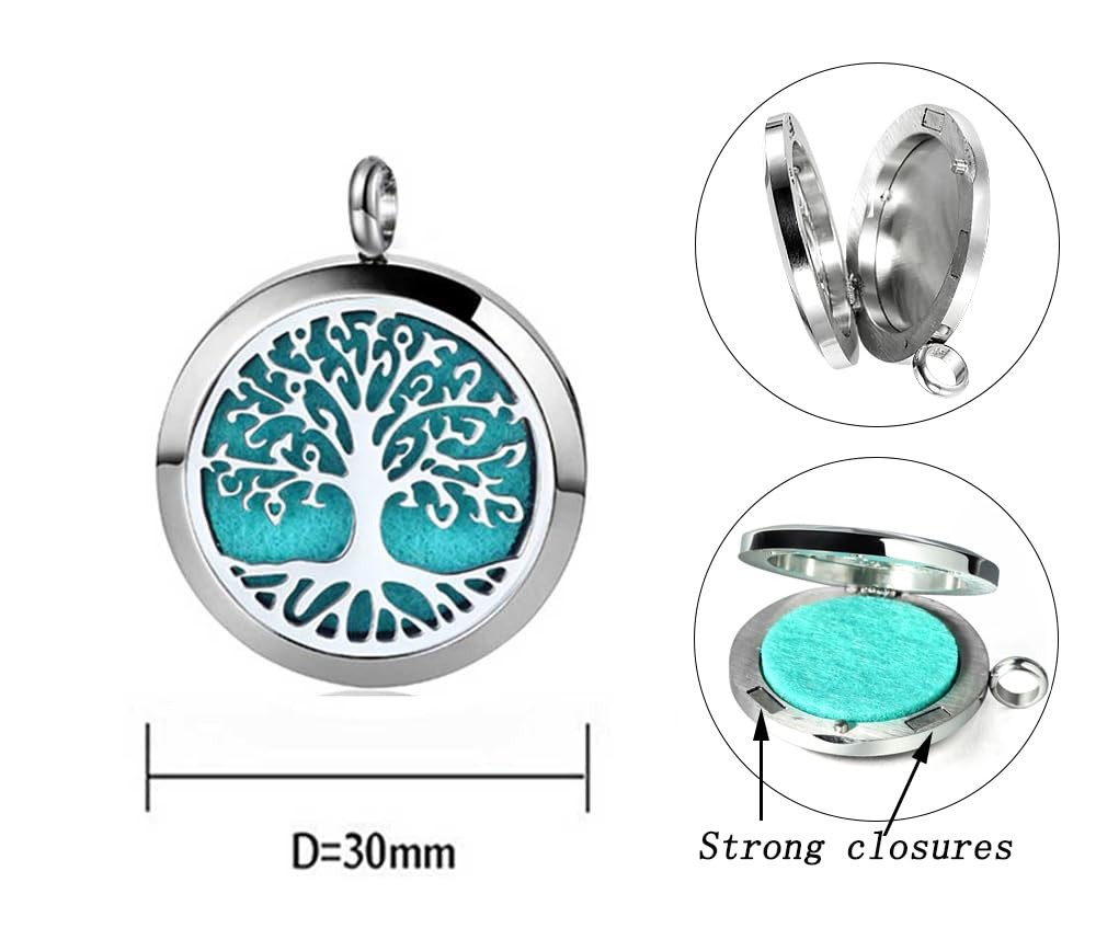 Aromatherapy Essential Oil Diffuser Necklace Tree of Life Pattern, 24" Silver