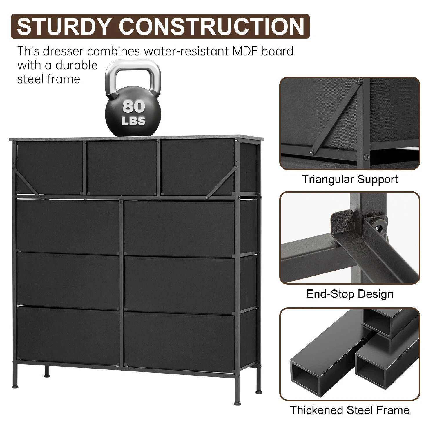 9-Drawer Fabric Dresser, Wide Chest of Drawers Storage Unit with Metal Frame