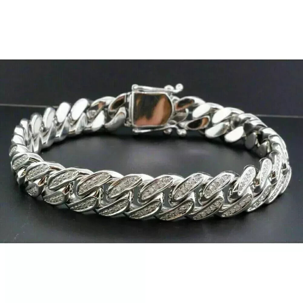 8Ct Round Cut Simulated Diamond Men's Cuban Link Chain 8" Bracelet 925 Silver
