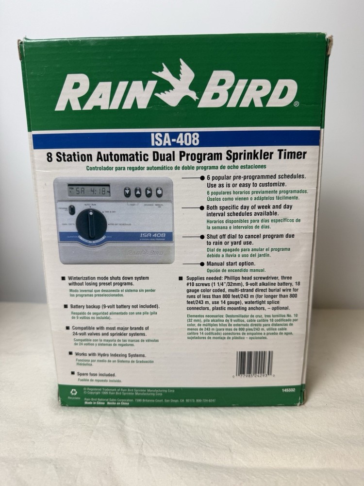 Rain BIRD ISA-408 8 Station Automatic Dual Program Sprinkler Timer w/AC Adapter