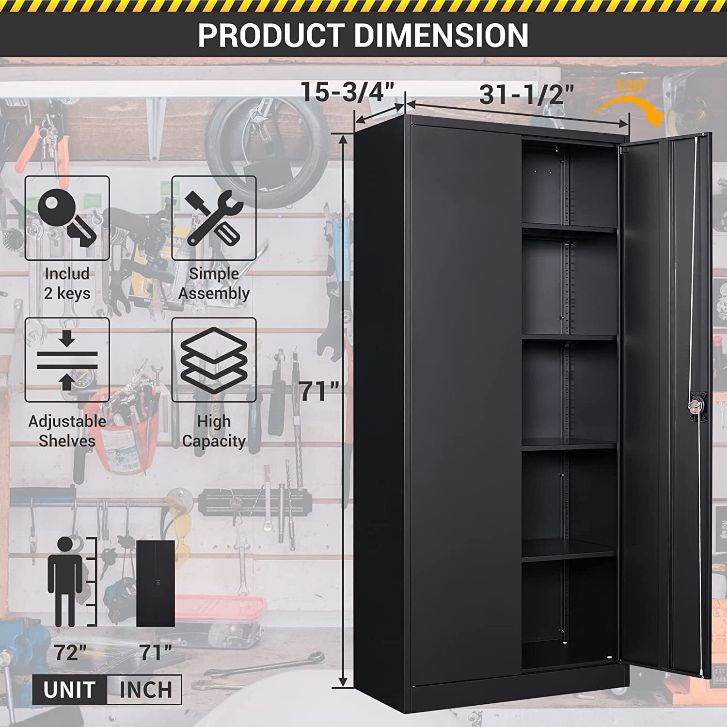 71''Metal Storage Cabinet with 4 Adjustable Shelves and Locking Door Home Garage