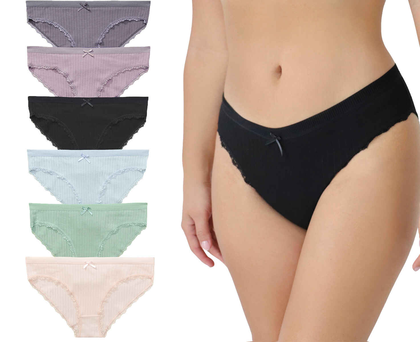Nabtos Ribbed Cotton Bikini Panties Women Underwear Lace Trim Low Rise Pack 6