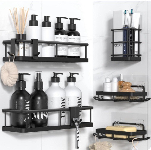 5 Pack Black Shower Caddy No Drill, Bathroom Organizers Removable Hooks - New