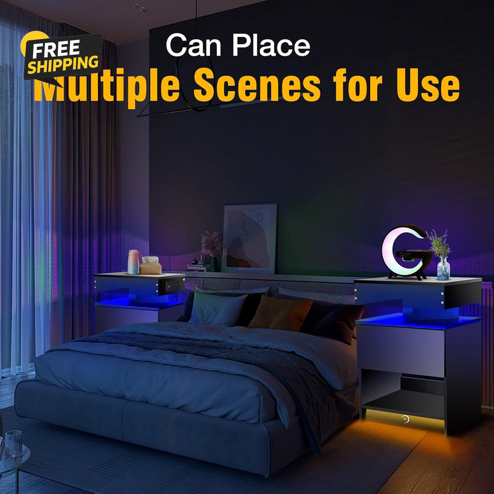 Nightstand with Induction Light & Side Charging Station, Modern Bedside Table