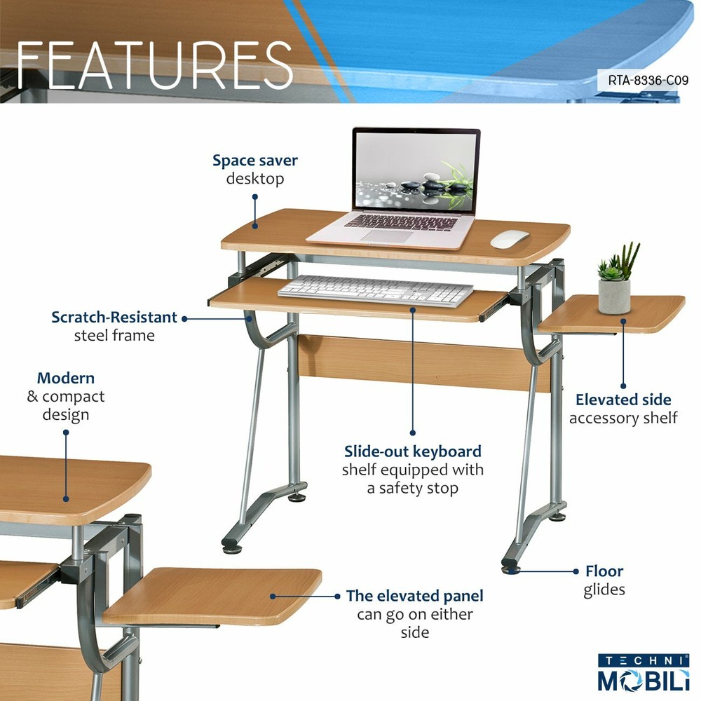 Techni Mobili Compact Computer Desk Workstation with Keyboard Panel & Side Shelf