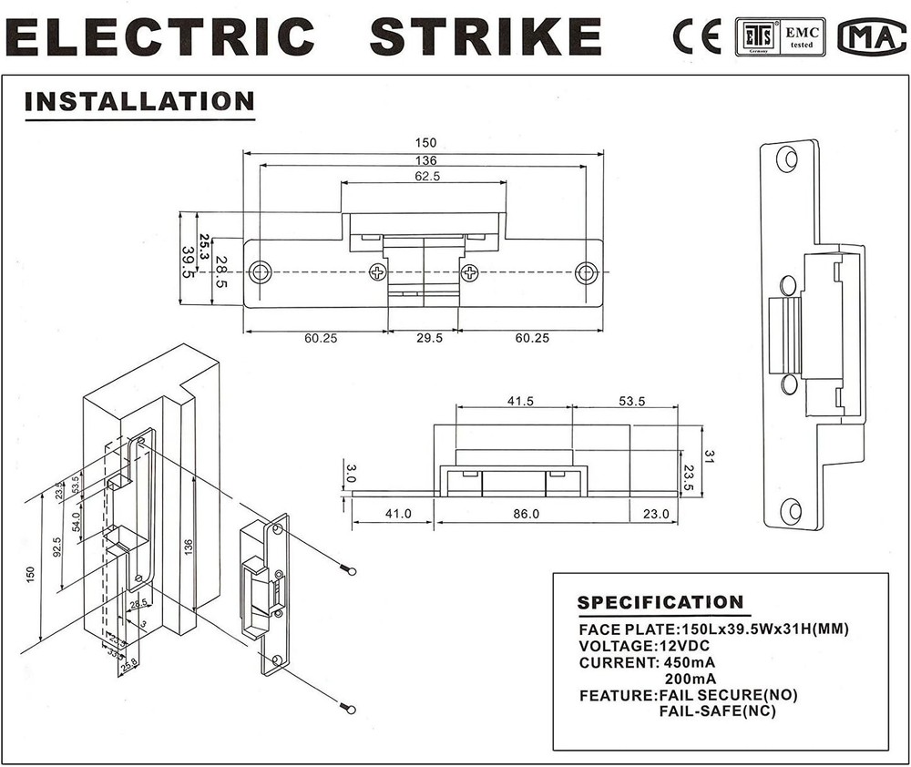 Electric Strike Door Lock Fail-Secure for Access Control System Deadlatches o...