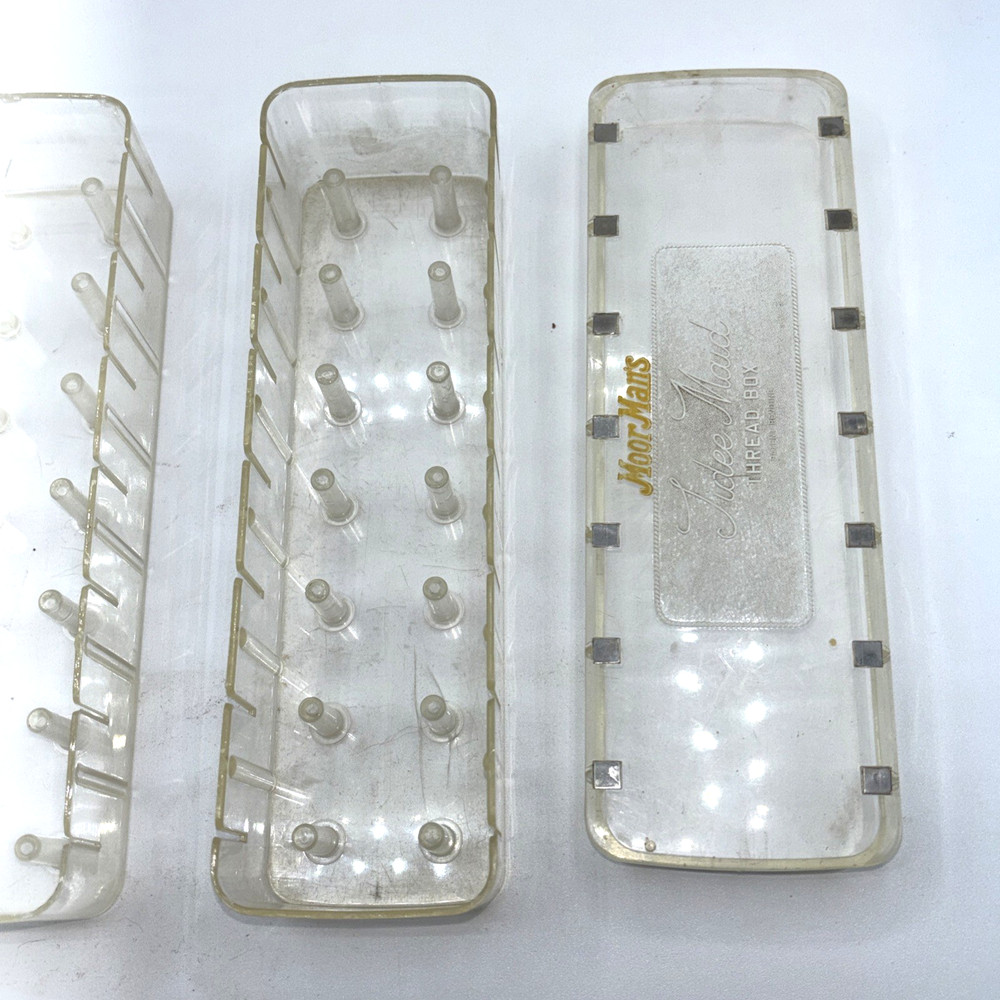 Vintage Plastic Tidee Maid Thread Boxes Notions Storage Case 2 pcs MoorMans Adv