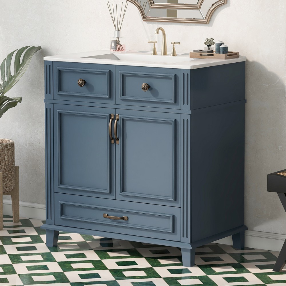 30'' Bathroom Vanity with Ceramic Sink,Solid Wood Frame Bathroom Storage Cabinet