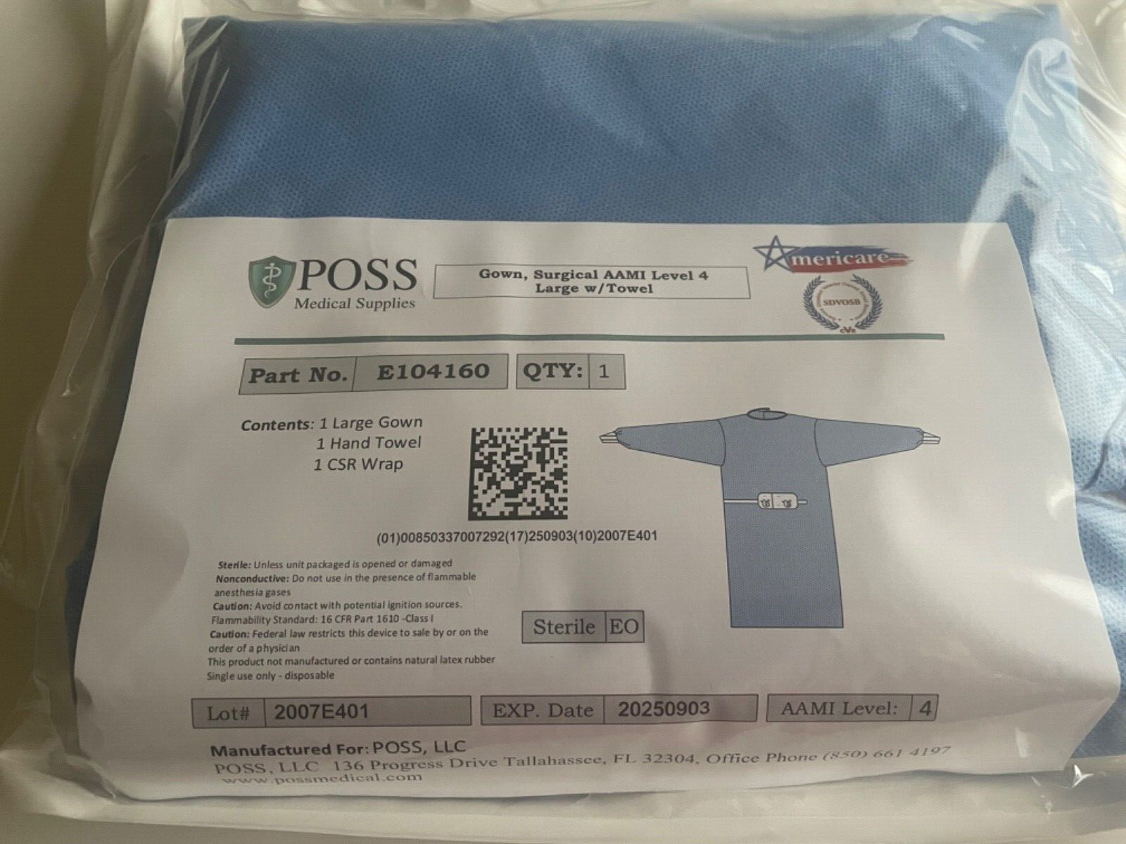 Sterile Blue Surgical Gown Size Large AAMI Level 4 w/ Hand Towel CSR Wrap 9/2025