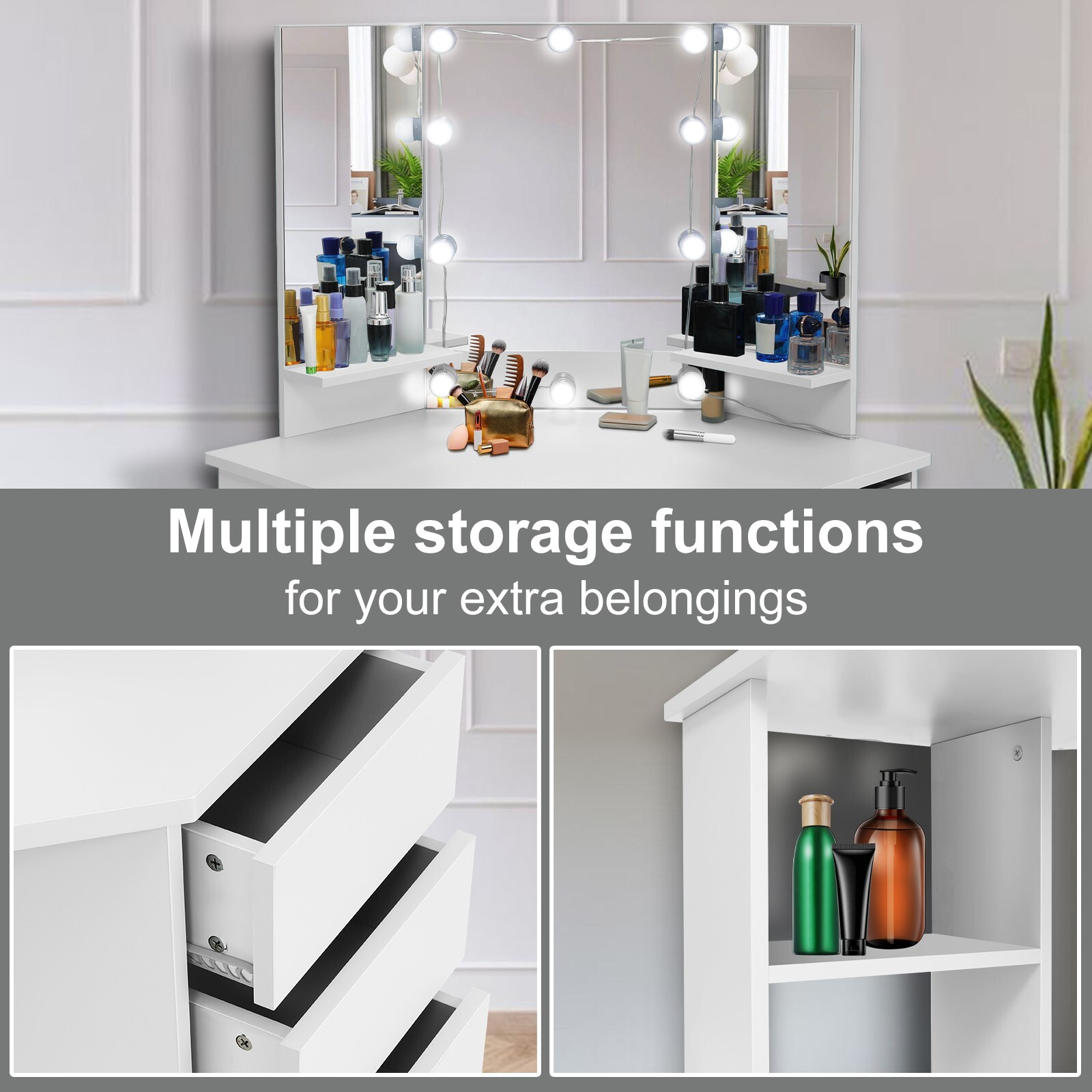 Modern Design Corner Vanity,Lighted Makeup Desk,Bedroom Makeup Table with Lights