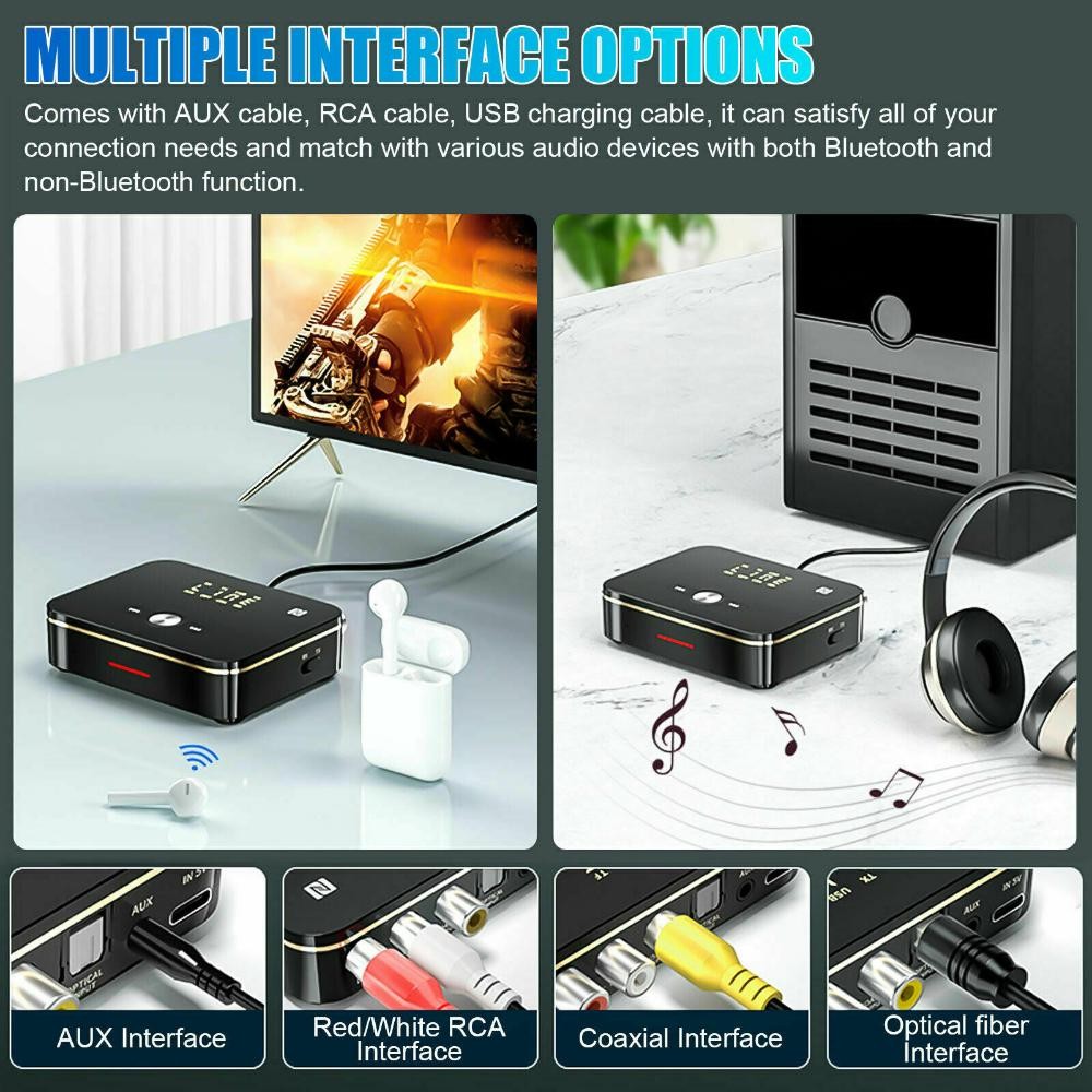LED NFC Multi-Function Bluetooth Transmitter Receiver 3.5mm AUX to 2RCA Adapter