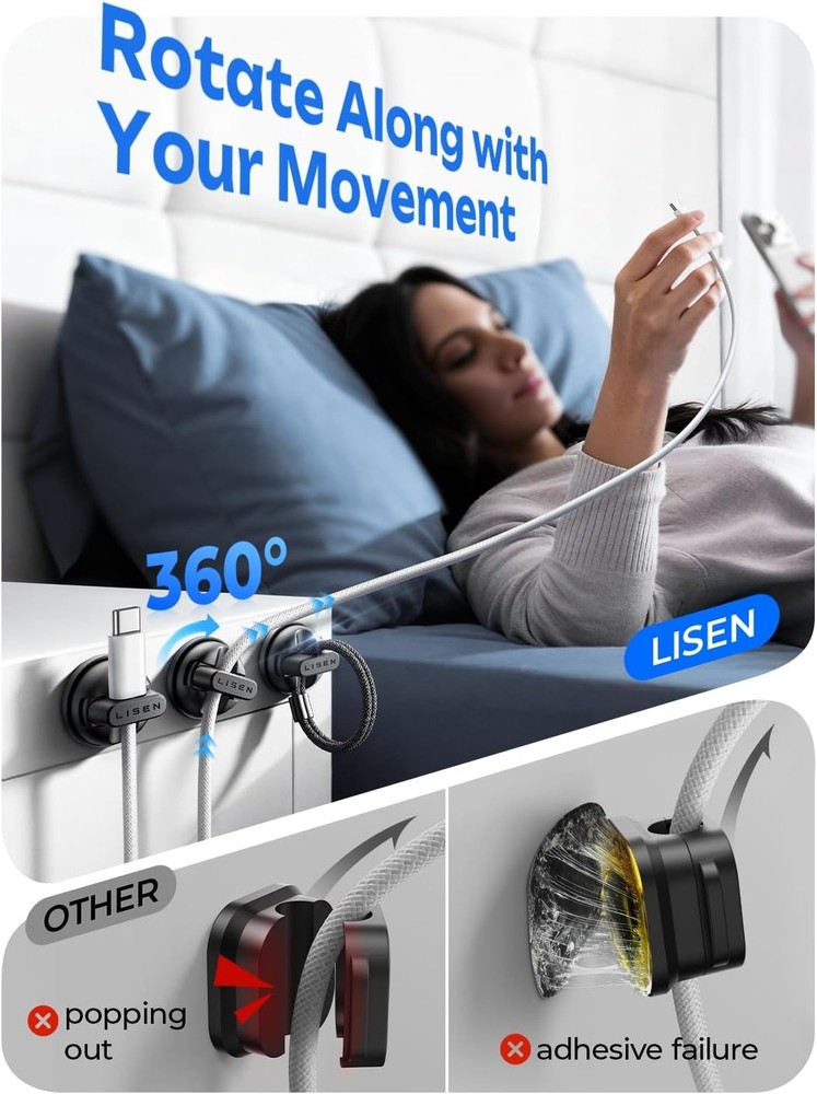 LISEN 360° Rotating Magnetic Cable Clips, 6-pack, rotatable