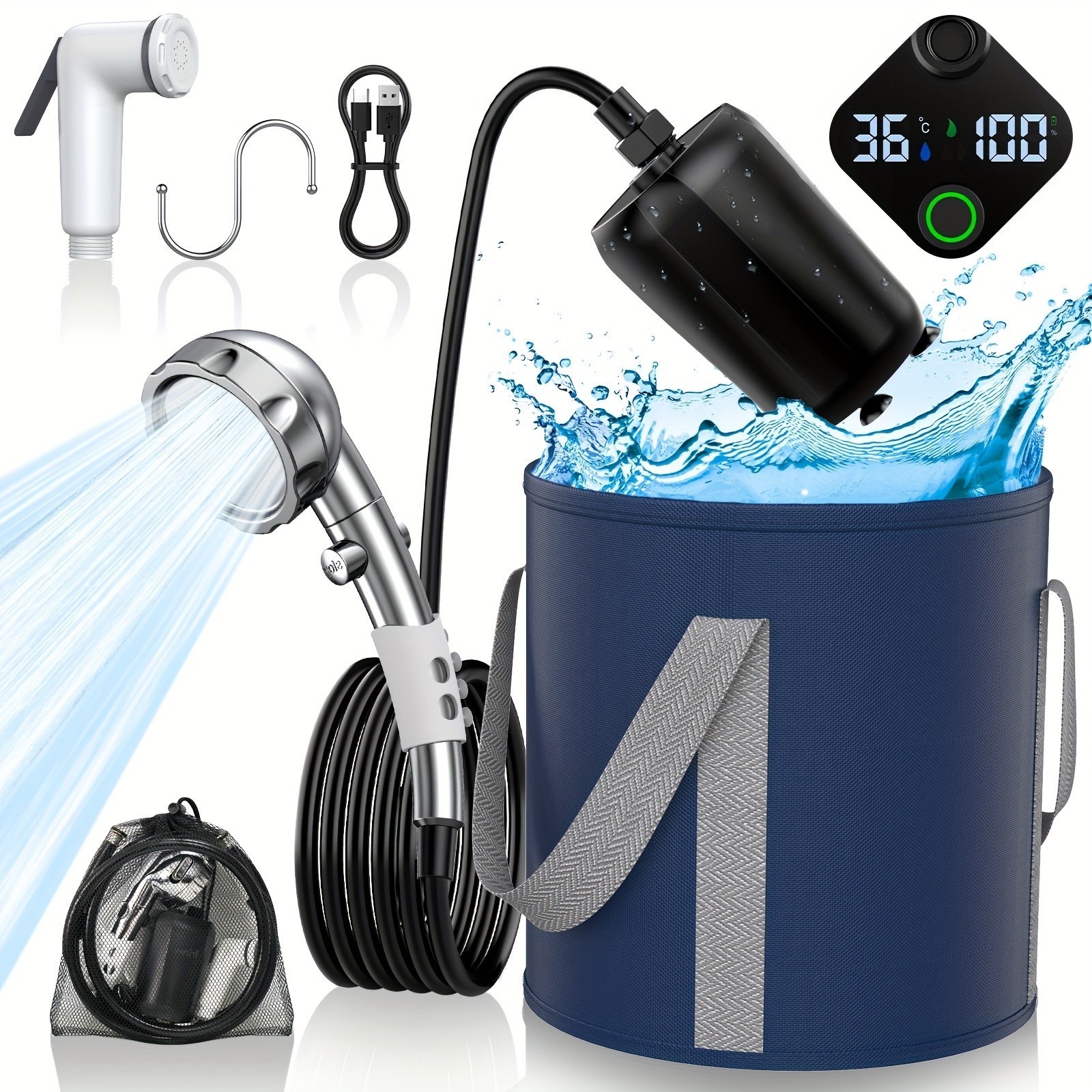 Portable Shower Camping,9000mAh Rechargeable Shower Pump with Digital Display