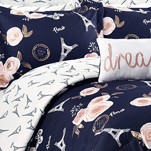 Vintage Paris Rose Butterfly Script Reversible Full/Queen Navy Comforter Set