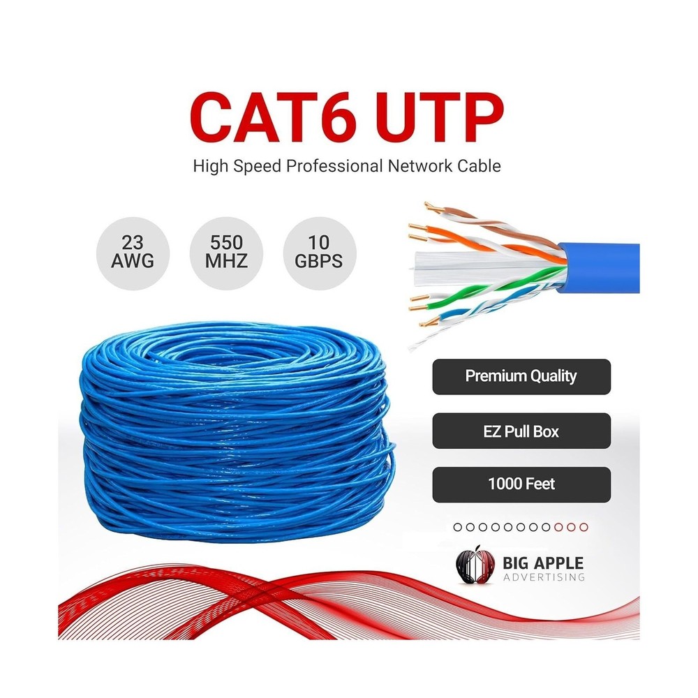 Big-A - Bulk Cat6 Cable 1000ft 23AWG Solid 4 Pair, Cat 6 Ethernet Cable Unshi...