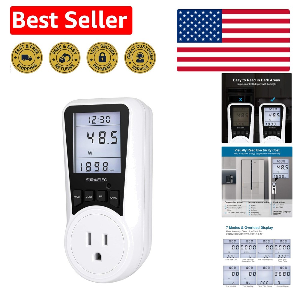 Watt Meter Plug-in Power Meter with Backlit Display & Overload Protection