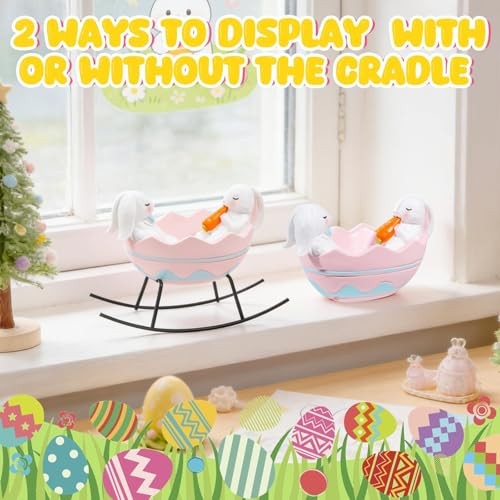 Bunny Figurines Easter Candy Dish Rocking Egg Cradle Rabbit Statue for Spring