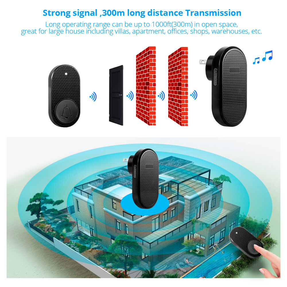 1000FT Wireless Doorbell Waterproof 2 Plugin Receiver Adjustable Volume 33 Chime