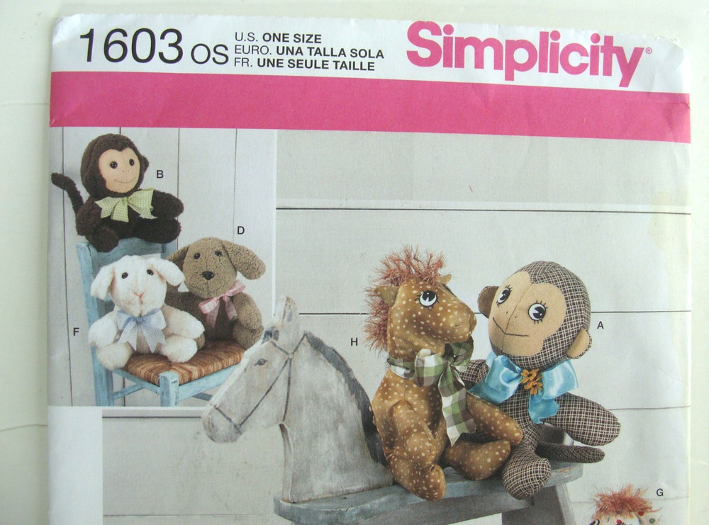 Simplicity Sewing Pattern 1603 Animals 8 Designs Monkey Puppy - PARTIALLY CUT
