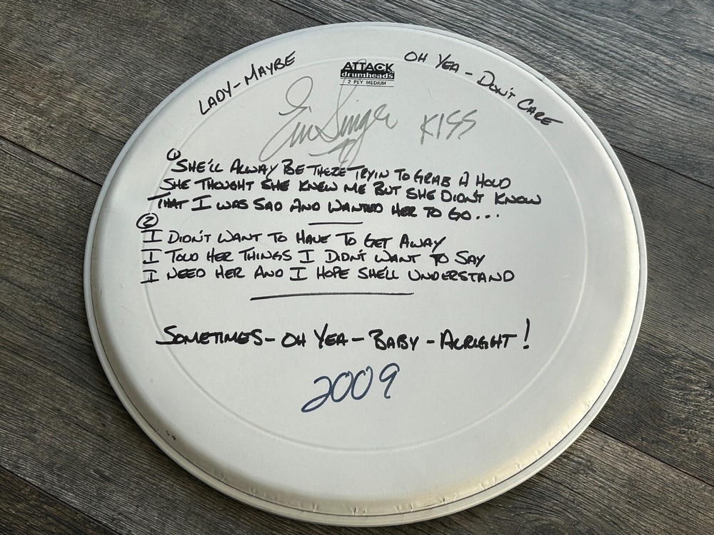 KISS Drumhead Eric Singer SIGNED Parasite Handwritten Lyrics 2009 Vintage Kiss