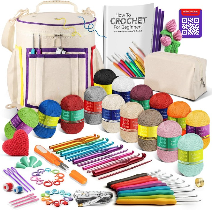 Crochet Kit for Beginners with Yarn Hooks Bag Accessories Video Tutorial